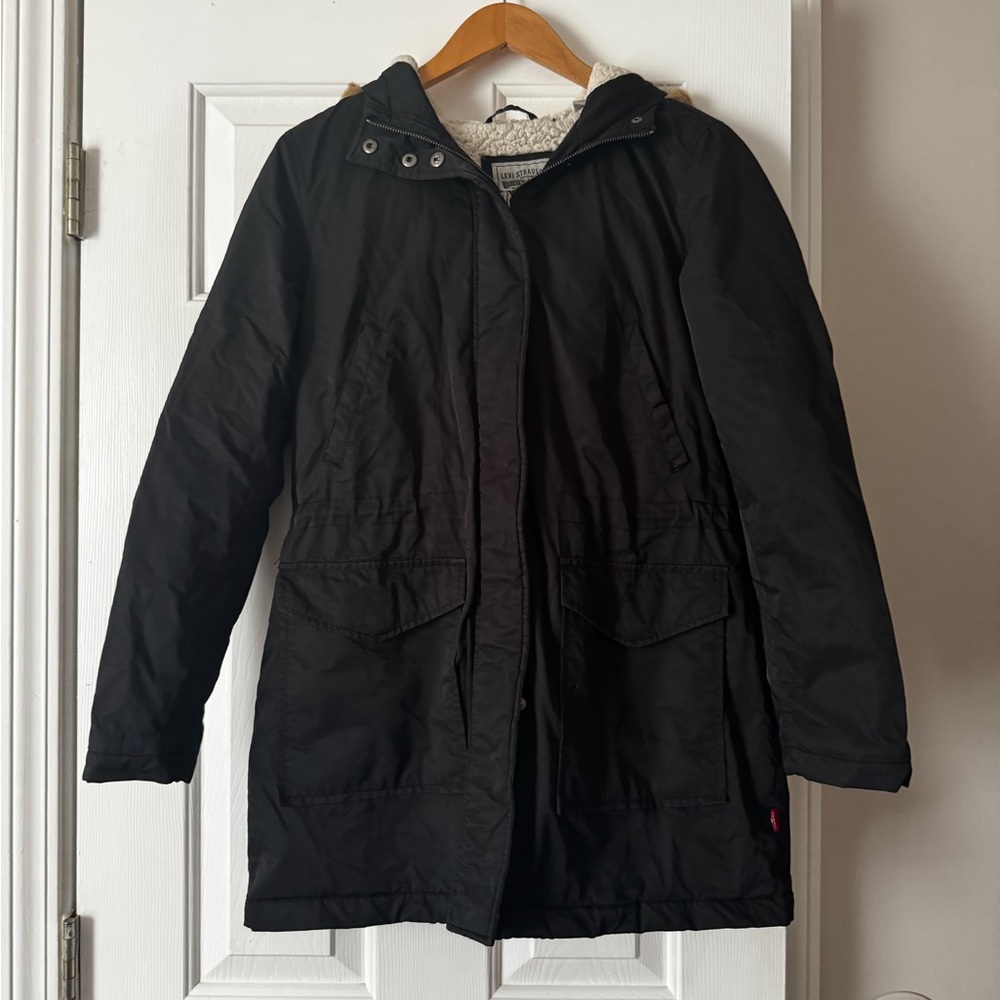 Levi's Water Resistant Sherpa Lined Parka Jacket Faux Fur Hood Black Women's S